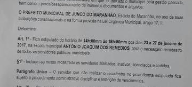 Prefeitura de Junco do Maranhão convoca servidores para recadastramento