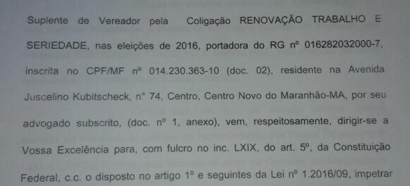 Crise política! Suplente foi obrigada a entrar com mandado de segurança para ver se assume uma das vagas de vereador na Câmara de Centro Novo do Maranhão