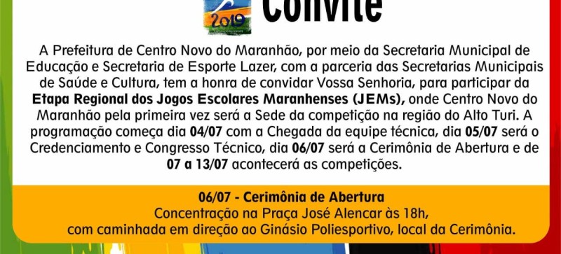 Abertura dos Jogos Escolares acontecerá no próximo sábado (06) em Centro Novo do Maranhão