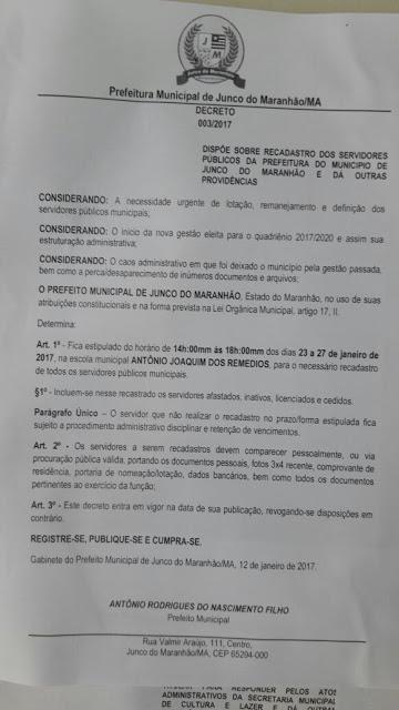 Prefeitura de Junco do Maranhão convoca servidores para recadastramento