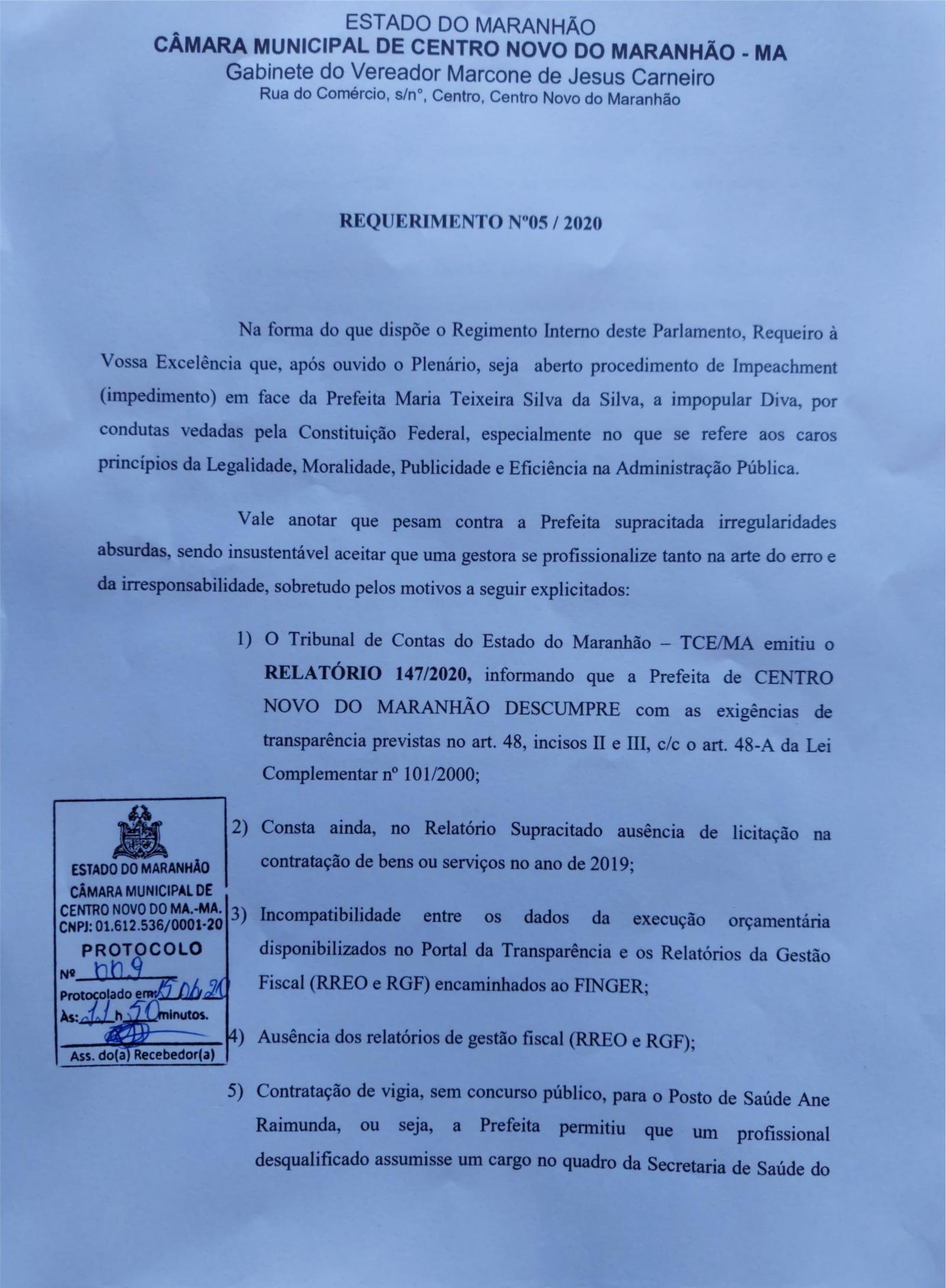 Vereador do PL pede impeachment da prefeita de Centro Novo do Maranhão, Diva