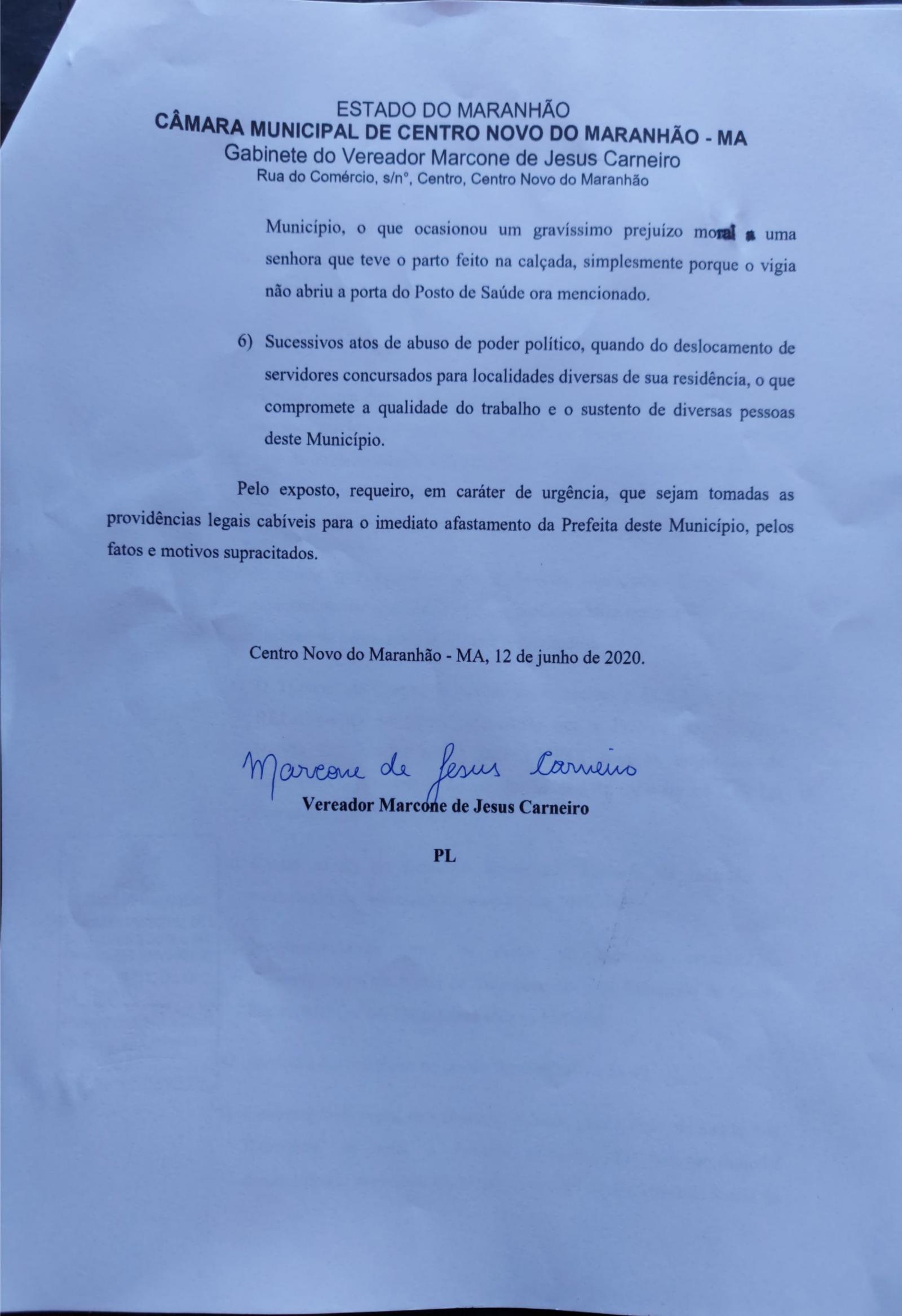 Vereador do PL pede impeachment da prefeita de Centro Novo do Maranhão, Diva