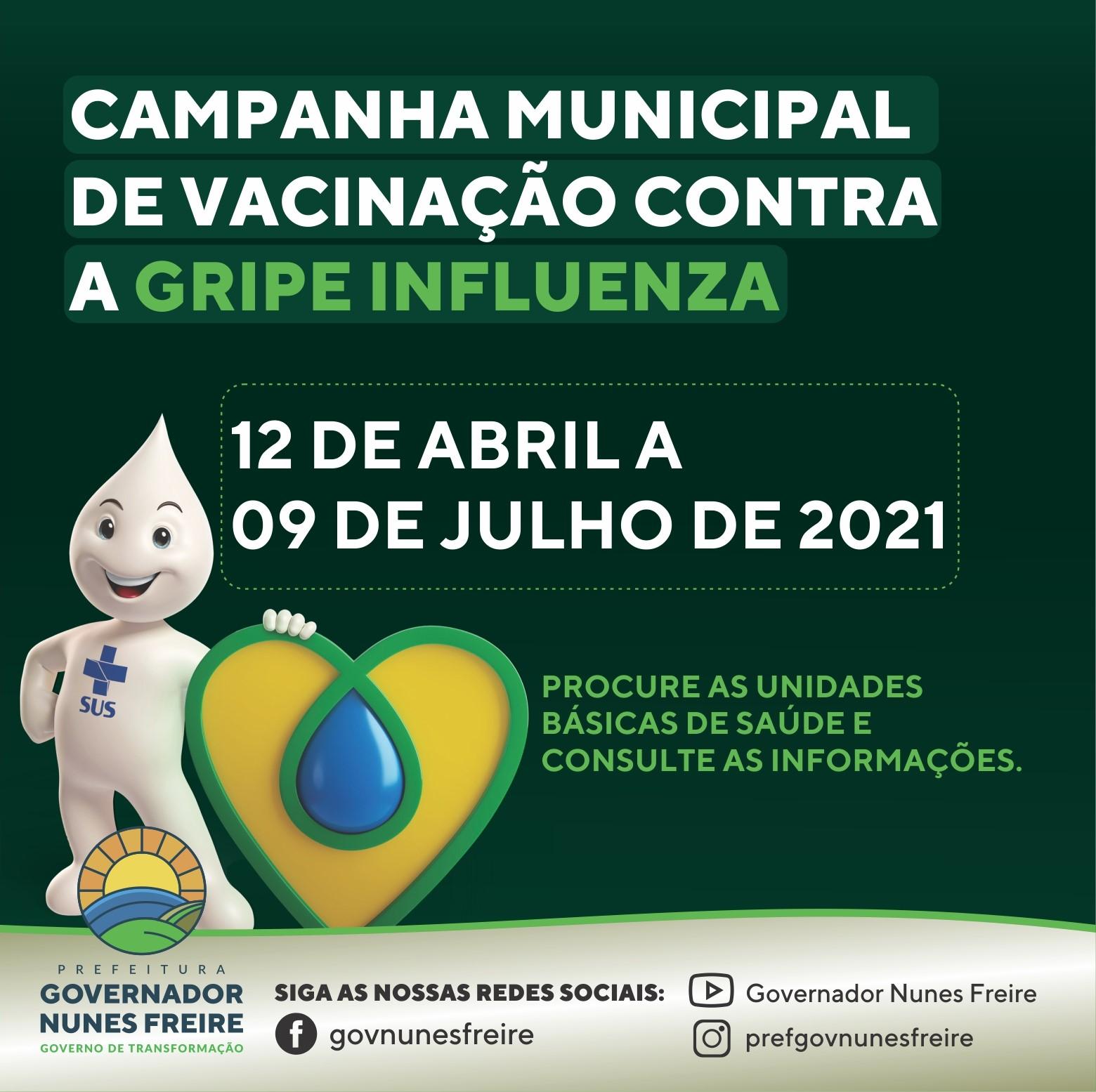 Prefeitura de Governador Nunes Freire inicia campanha de vacinação contra a influenza 2021 nesta segunda, 12